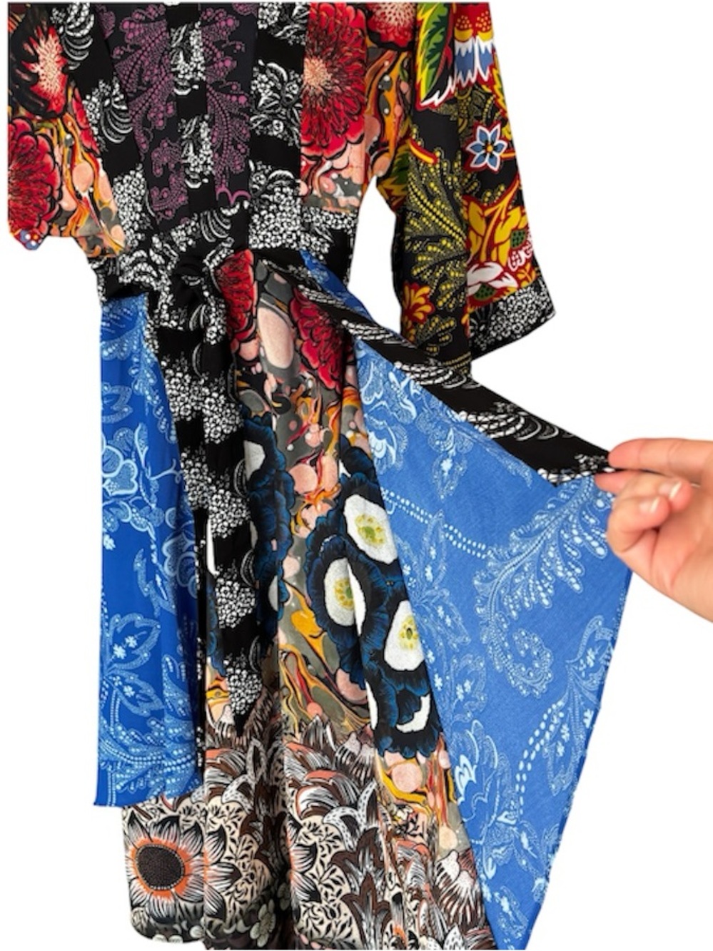 DESIGUAL Mixed Print Patchwork Kimono Sleeve Belted Midi Dress | Size 36 / S - Picture 10 of 11